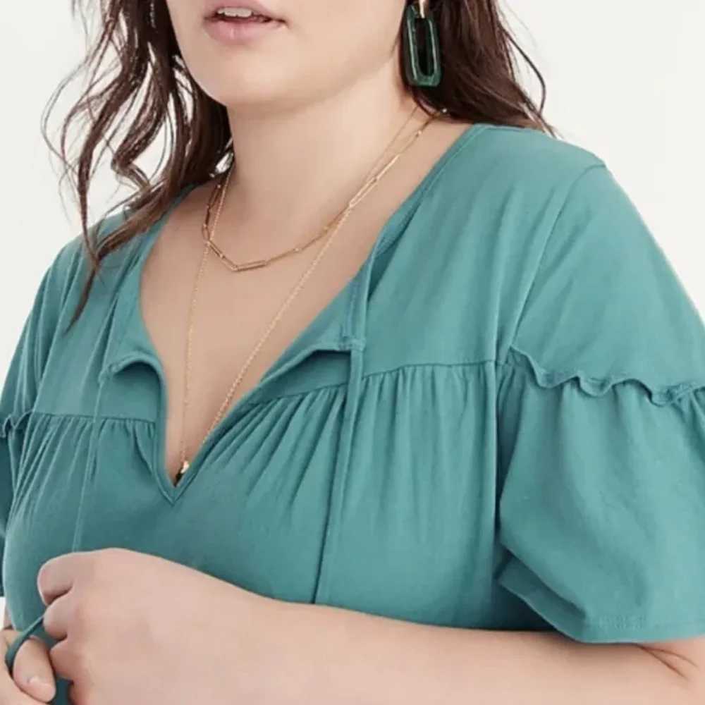 NWT J. Crew Broken-in jersey tiered ruffle mini dress in teal - Picture 3 of 8